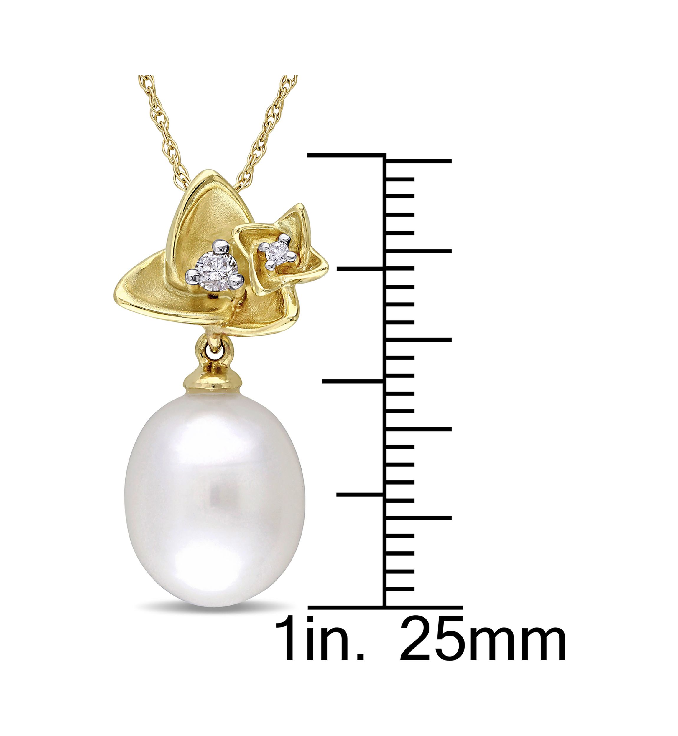 10-10.5 Millimeter Cultured Freshwater Pearl and Diamond Flower Pendant With Chain in 10k Yellow Gold