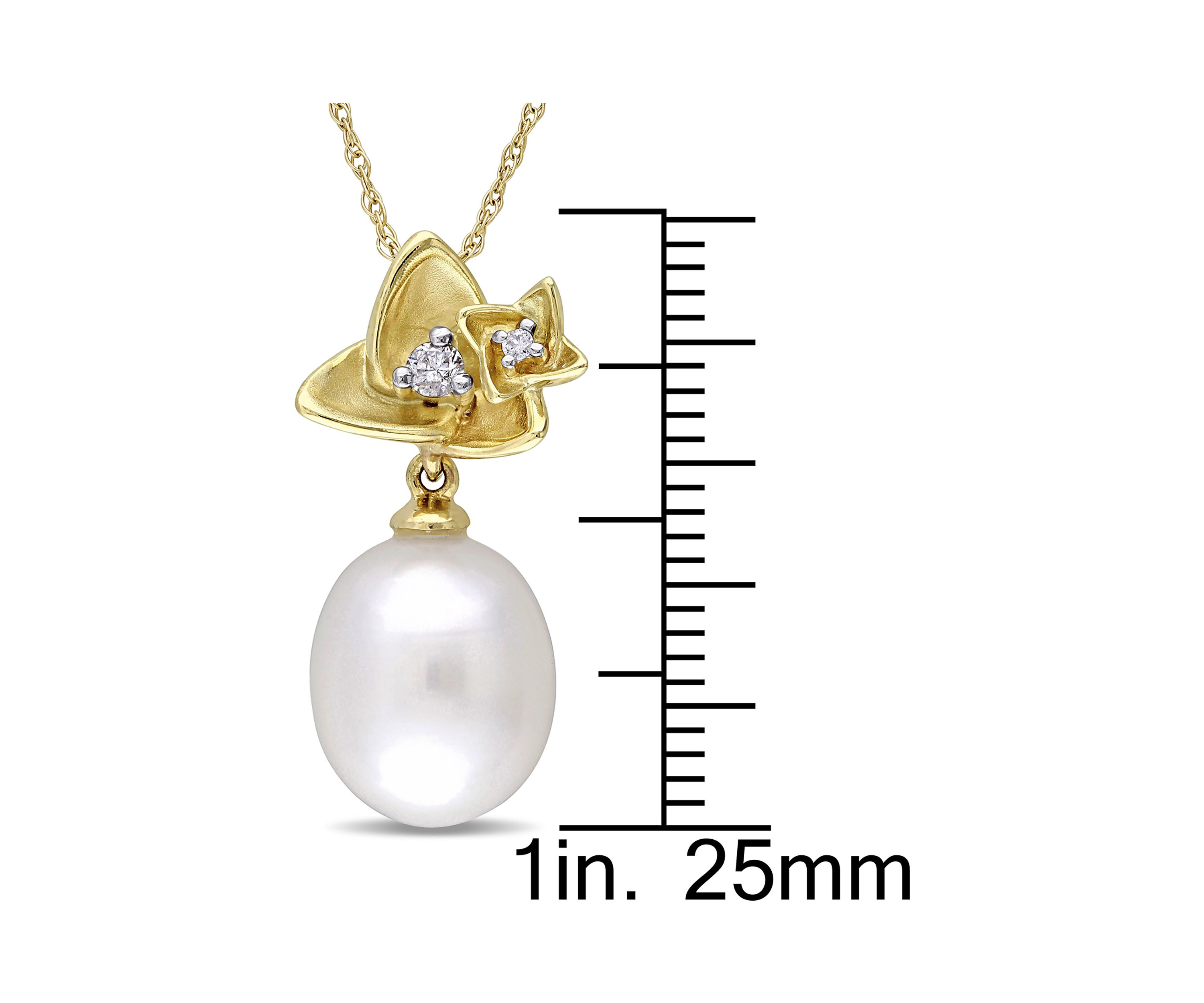 10-10.5 Millimeter Cultured Freshwater Pearl and Diamond Flower Pendant With Chain in 10k Yellow Gold