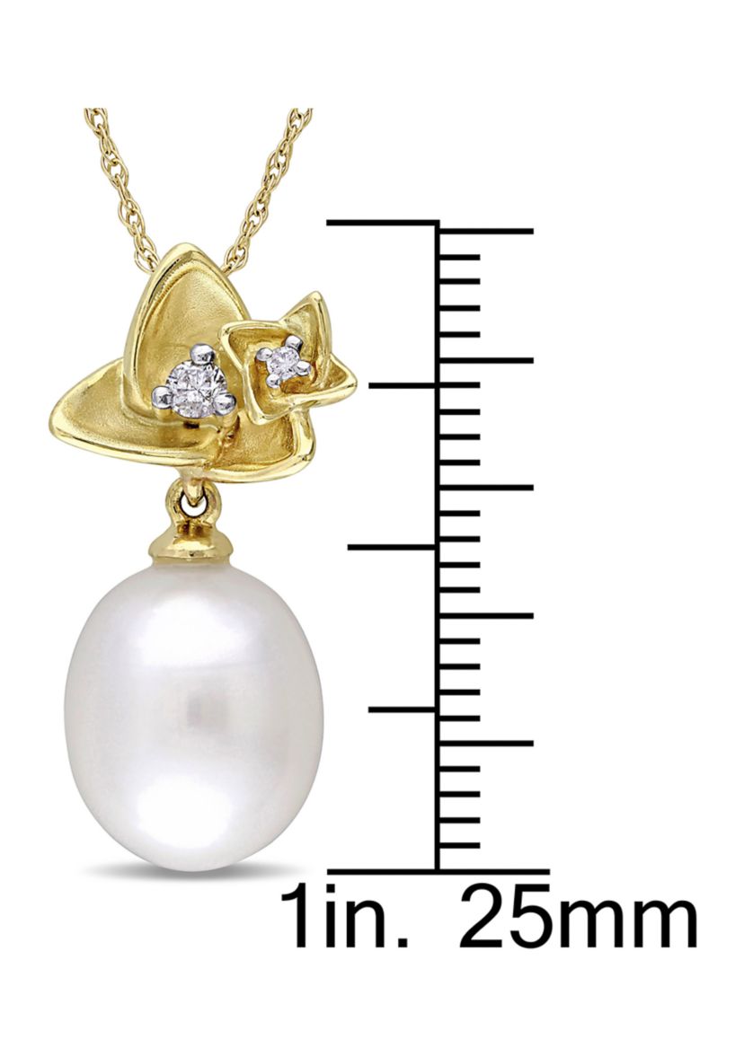 10-10.5 Millimeter Cultured Freshwater Pearl and Diamond Flower Pendant With Chain in 10k Yellow Gold
