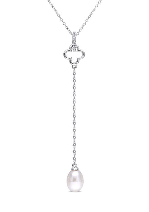 8-8.5 Millimeter Cultured Freshwater Pearl and White Topaz Quatrefoil Drop Necklace in Sterling Silver