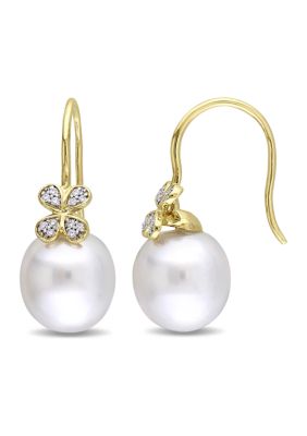 Belk & Co 11.5-12 Millimetersouth Sea Cultured Pearl And 1/8 Ct. T.w. Diamond Petal Earrings In 14K Yellow Gold
