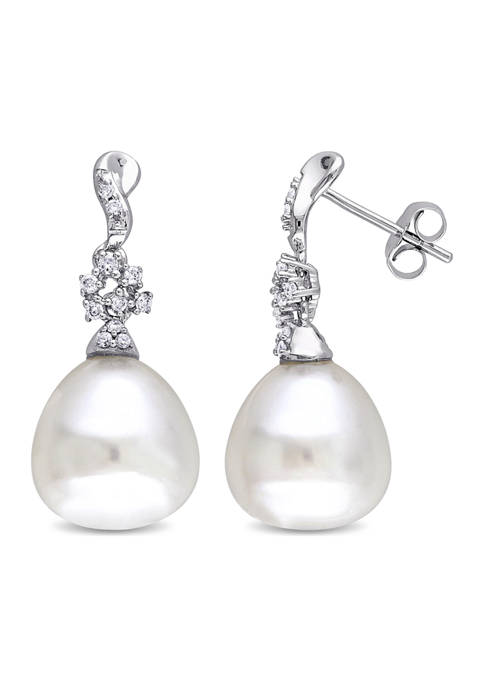 11-11.5 Millimeter South Sea Cultured Pearl and 1/5 ct. t.w. Diamond Twist Earrings in 14k White Gold
