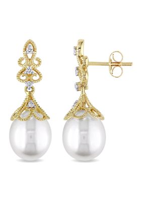 Belk & Co 9-9.5 Millimeter Cultured Freshwater Pearl and 1/10 ct. t.w. Diamond Vintage Drop Earrings in 14k Yellow Gold
