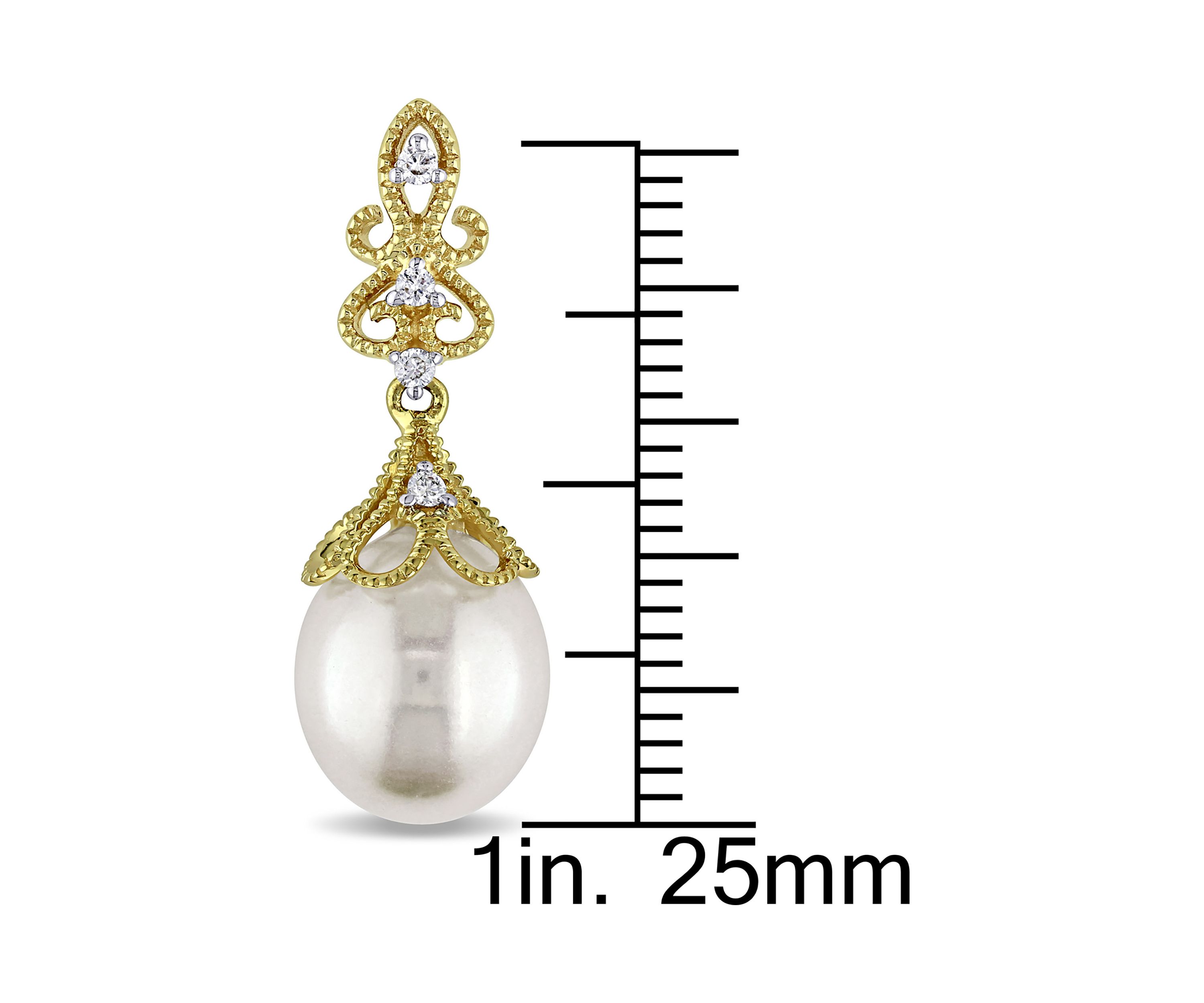 9-9.5 Millimeter Cultured Freshwater Pearl and 1/10 ct. t.w. Diamond Vintage Drop Earrings in 14k Yellow Gold