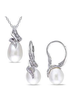 Belk & Co 2-Piece Set Cultured Freshwater Pearl and 1/10 ct. t.w. Diamond Twist Earrings and Necklace in Sterling Silver, White, 18 in