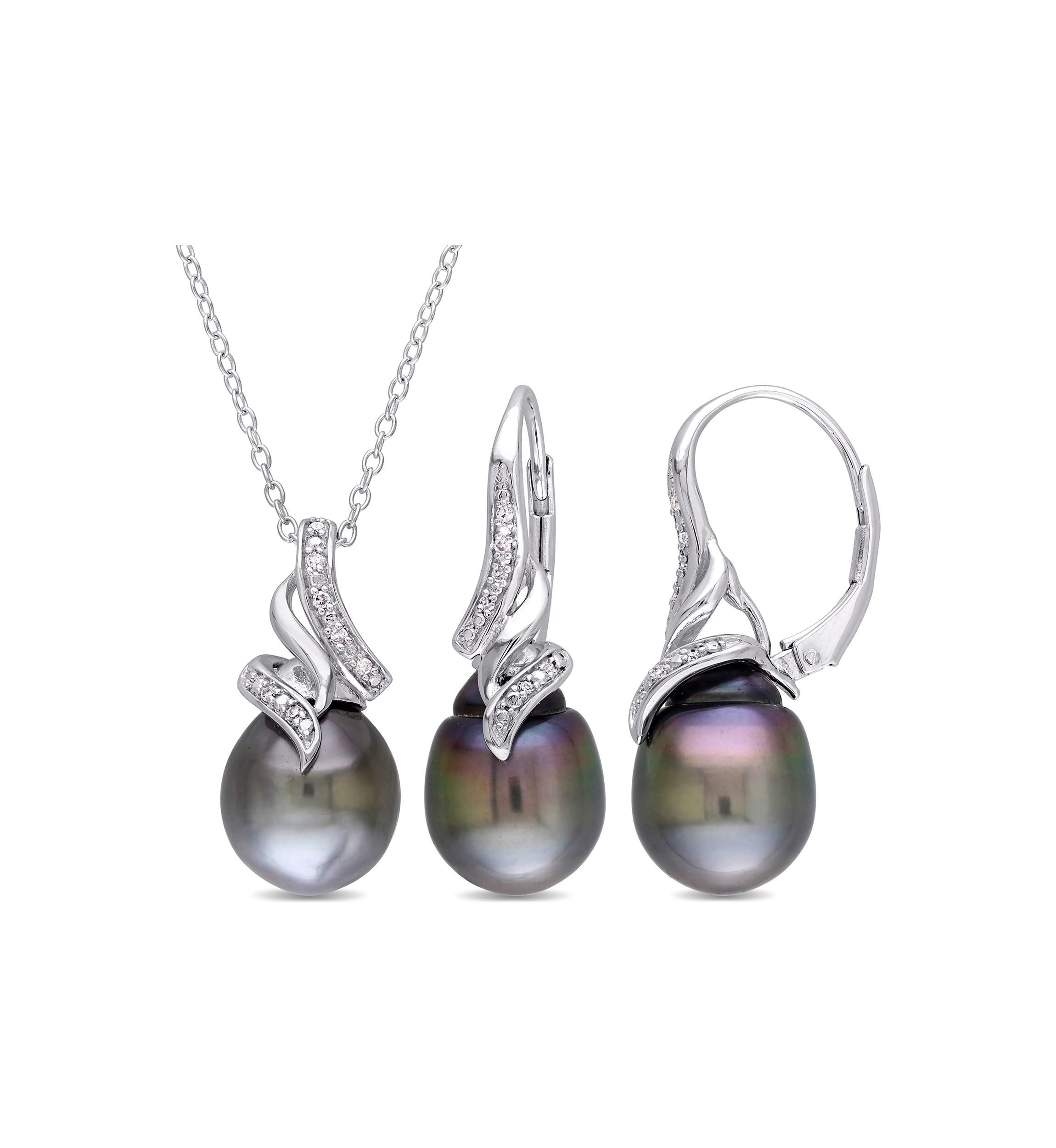 2-Piece Set Tahitian Cultured Pearl and 1/10 ct. t.w. Diamond Vintage Drop Necklace and Earrings in Sterling Silver