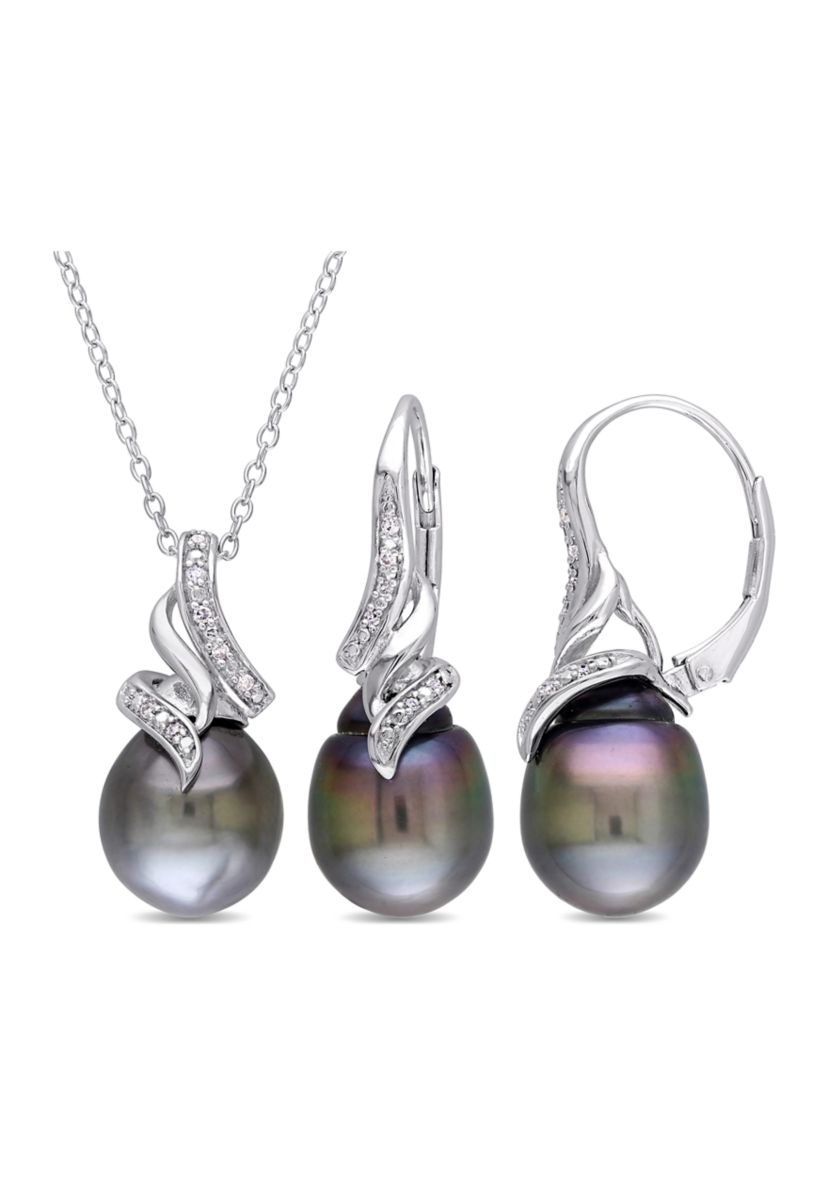 2-Piece Set Tahitian Cultured Pearl and 1/10 ct. t.w. Diamond Vintage Drop Necklace and Earrings in Sterling Silver