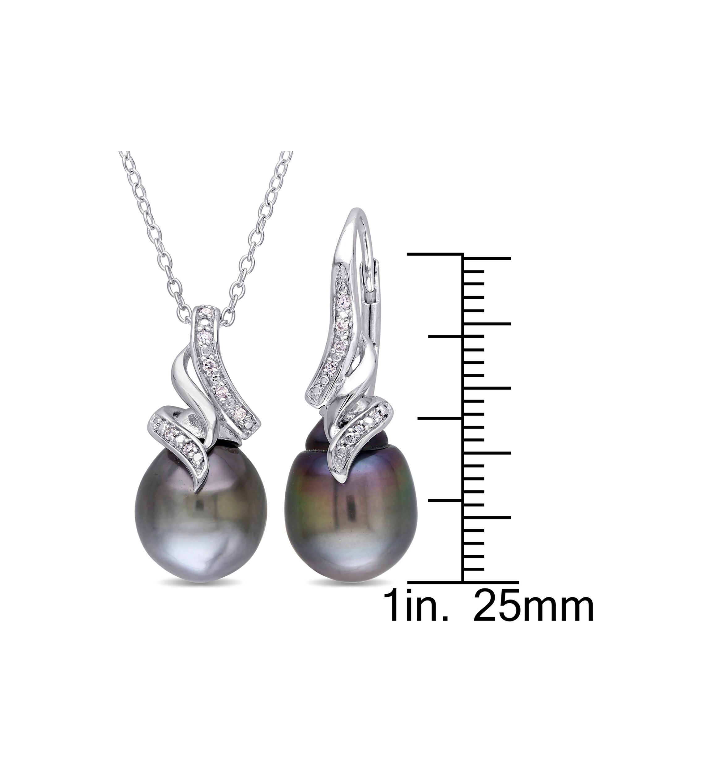 2-Piece Set Tahitian Cultured Pearl and 1/10 ct. t.w. Diamond Vintage Drop Necklace and Earrings in Sterling Silver