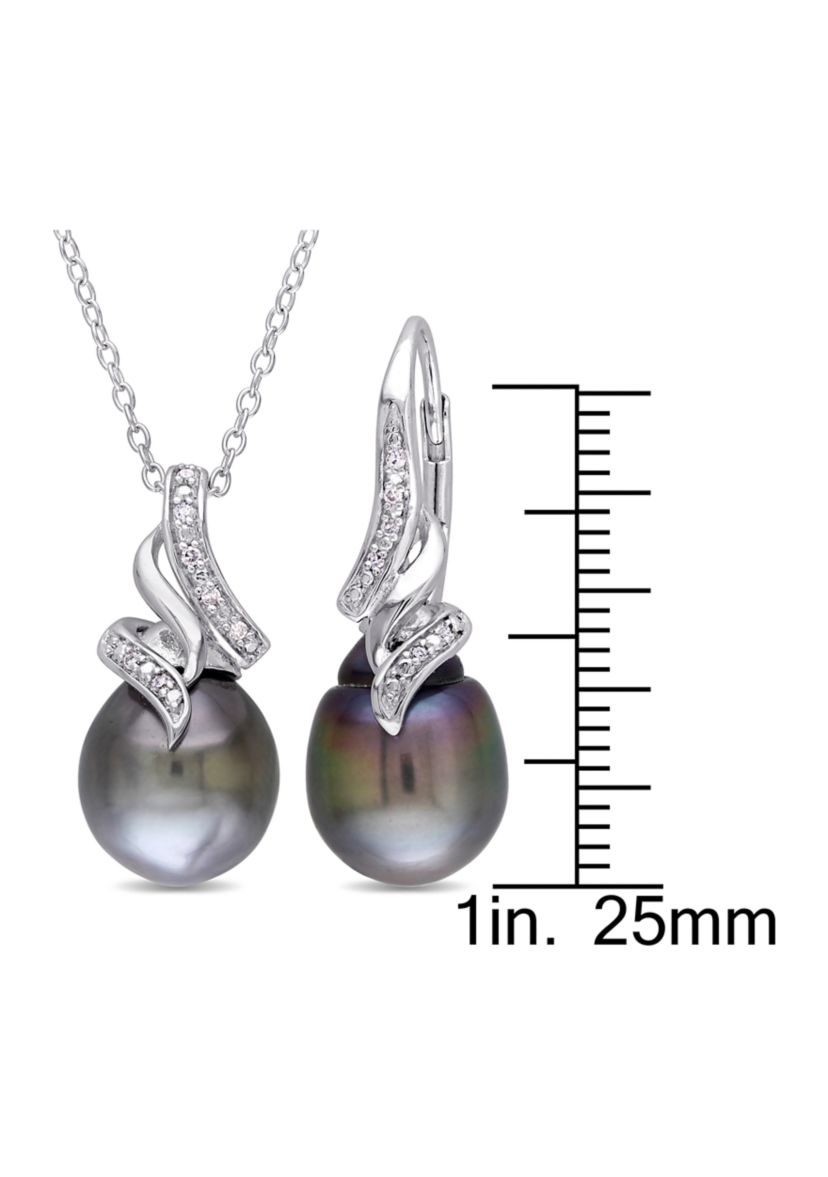 2-Piece Set Tahitian Cultured Pearl and 1/10 ct. t.w. Diamond Vintage Drop Necklace and Earrings in Sterling Silver