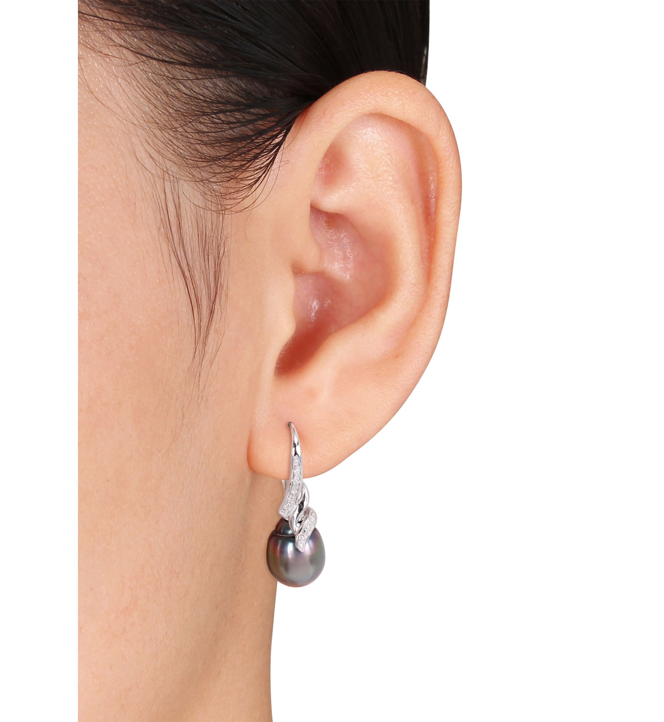 2-Piece Set Tahitian Cultured Pearl and 1/10 ct. t.w. Diamond Vintage Drop Necklace and Earrings in Sterling Silver