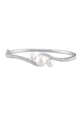 Belk & Co Cultured Freshwater Pearl and Created White Sapphire Bangle in Sterling Silver