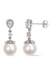 9-9.5 Millimeter Cultured Freshwater Pearl, White Topaz and 1/5 ct. t.w. Diamond Dangle Earrings in 10k White Gold