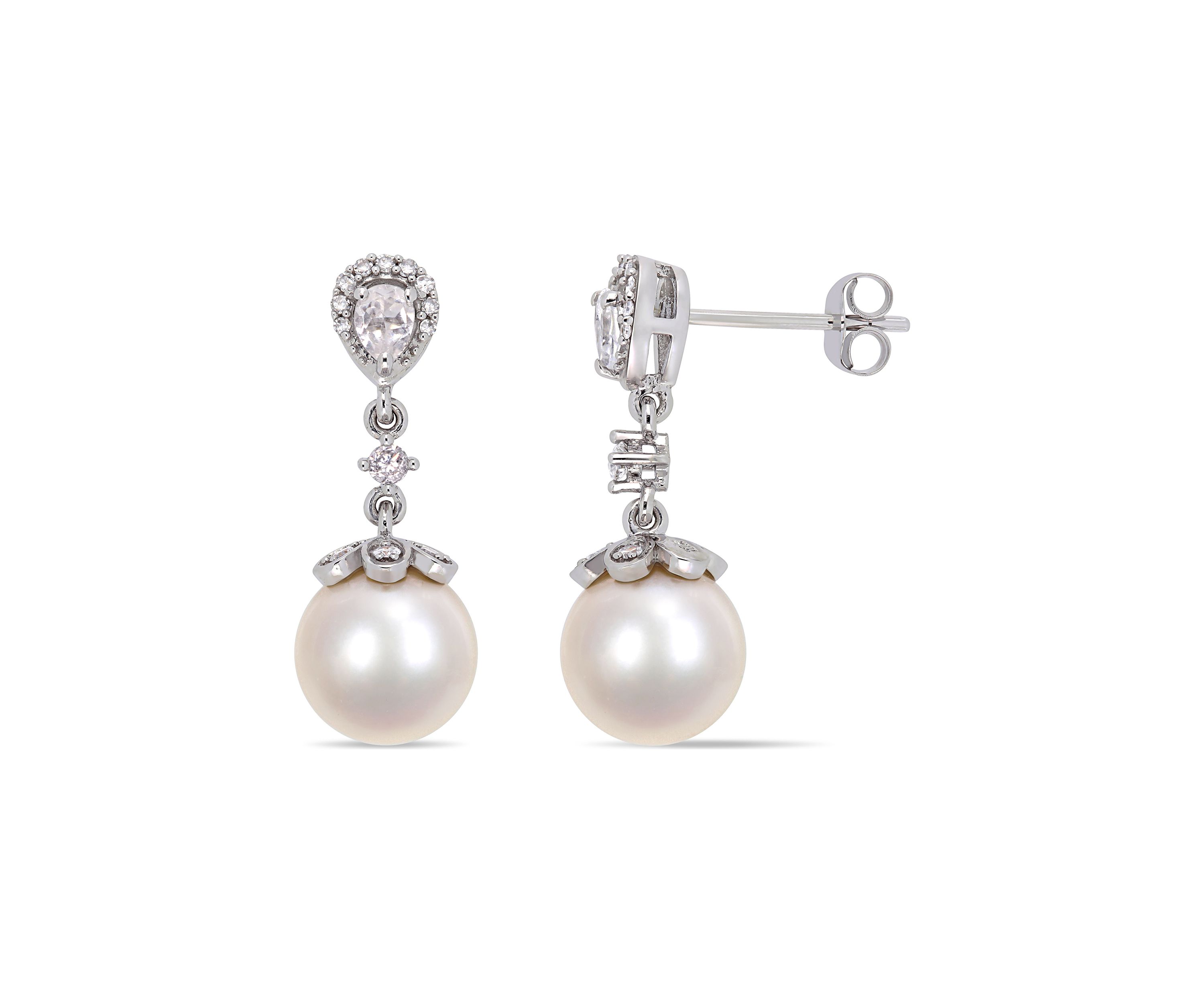9-9.5 Millimeter Cultured Freshwater Pearl, White Topaz and 1/5 ct. t.w. Diamond Dangle Earrings in 10k White Gold