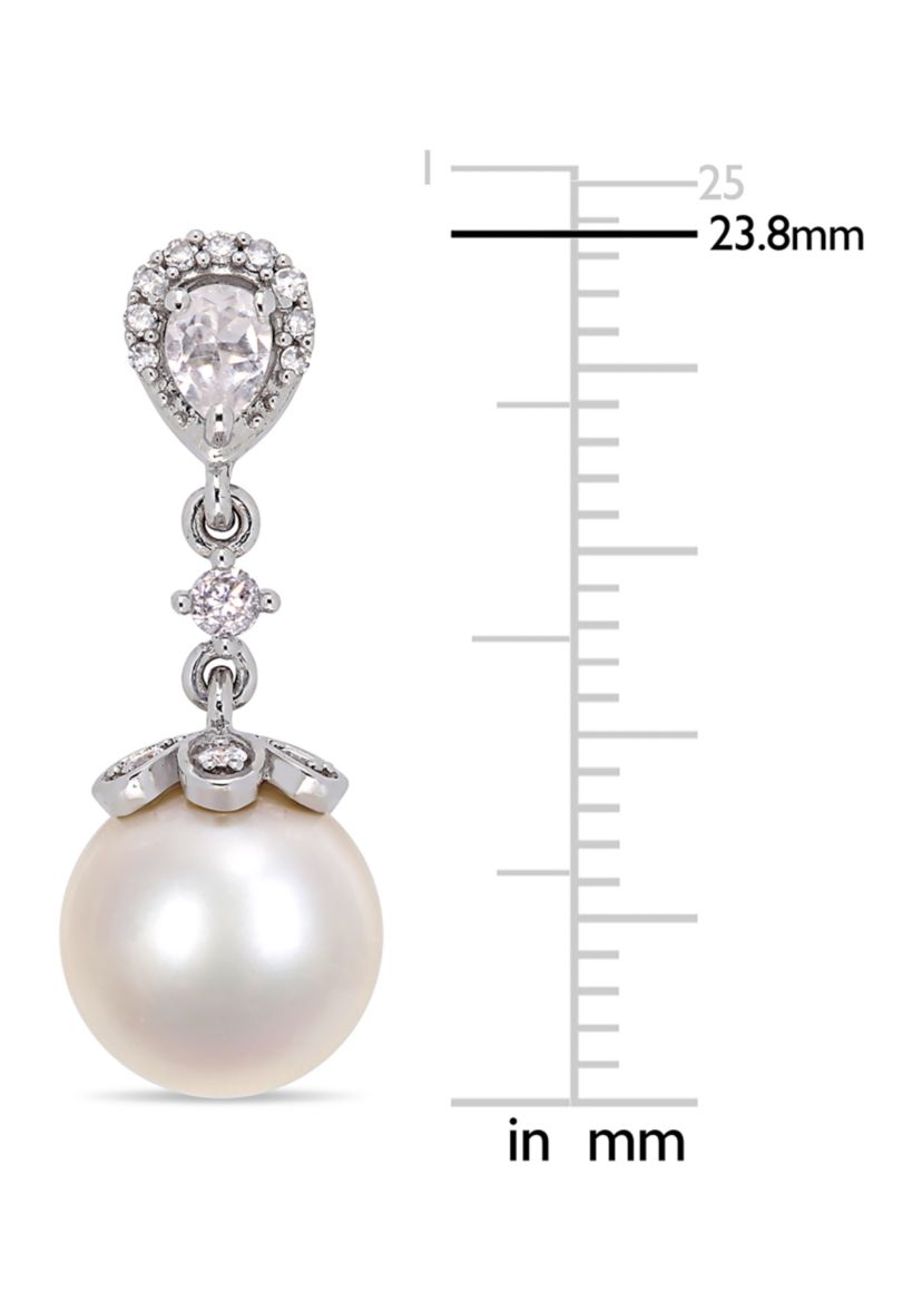 9-9.5 Millimeter Cultured Freshwater Pearl, White Topaz and 1/5 ct. t.w. Diamond Dangle Earrings in 10k White Gold