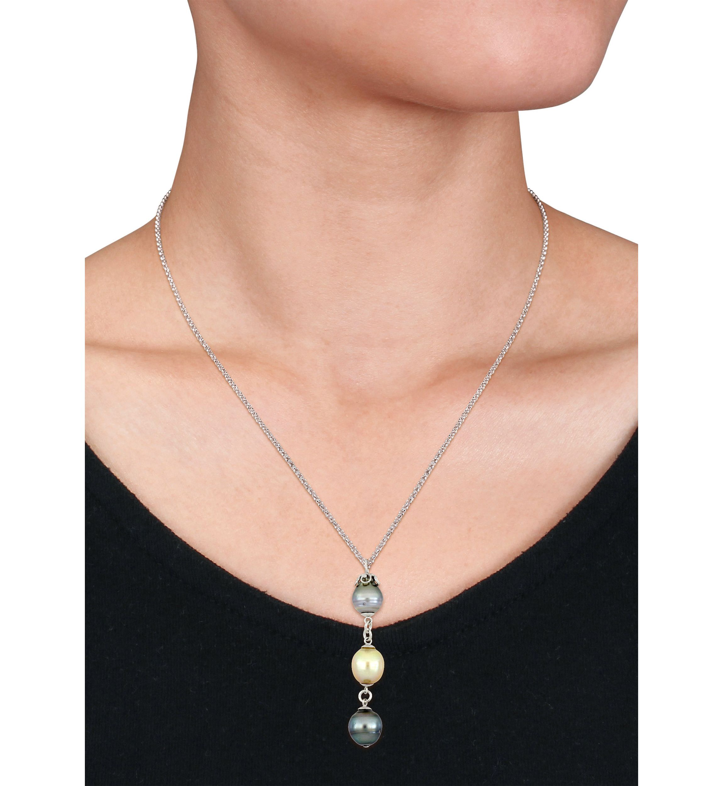 9-11 Millimeter Tahitian and Cultured South Sea Pearl Drop Necklace in Sterling Silver