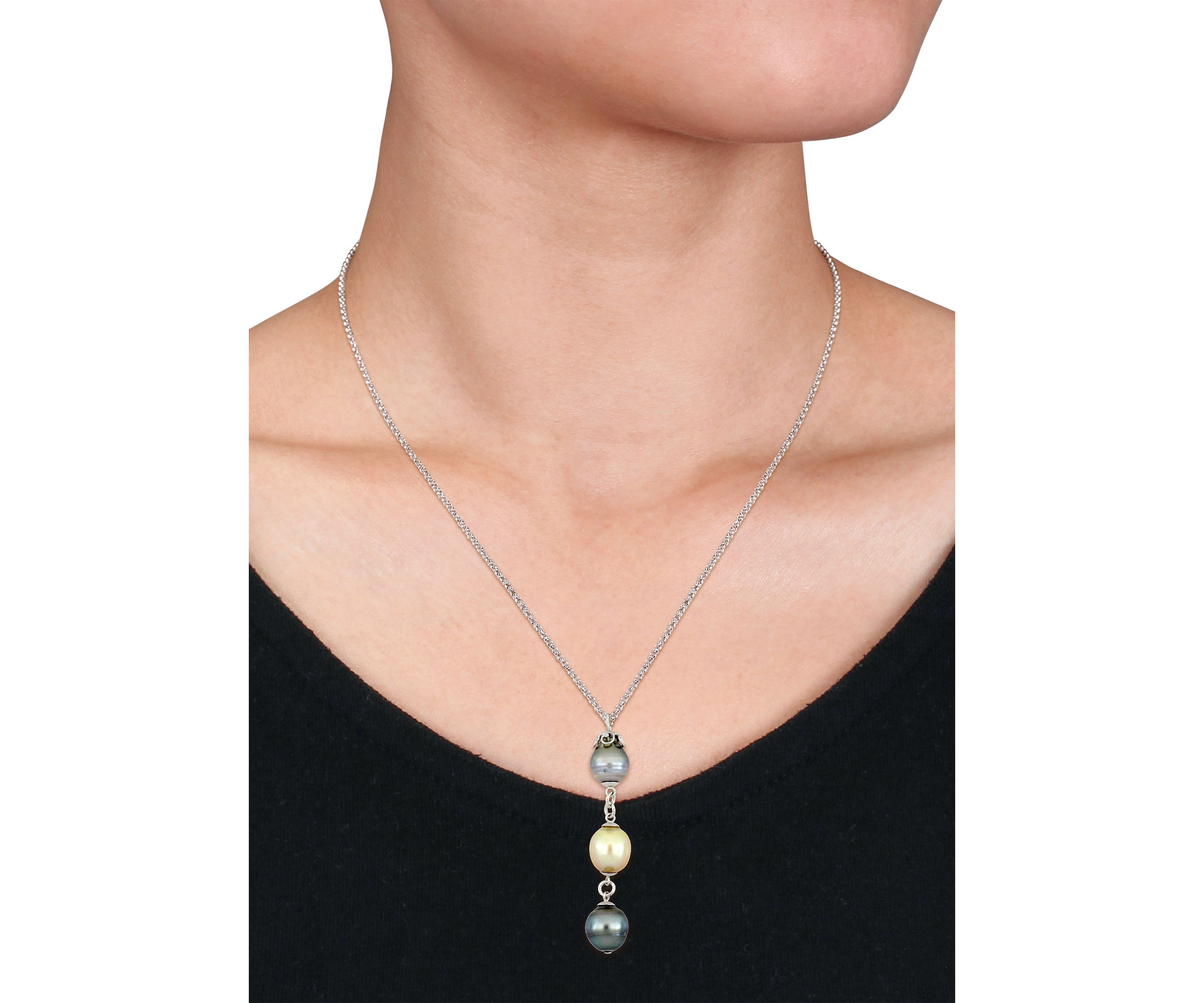 9-11 Millimeter Tahitian and Cultured South Sea Pearl Drop Necklace in Sterling Silver