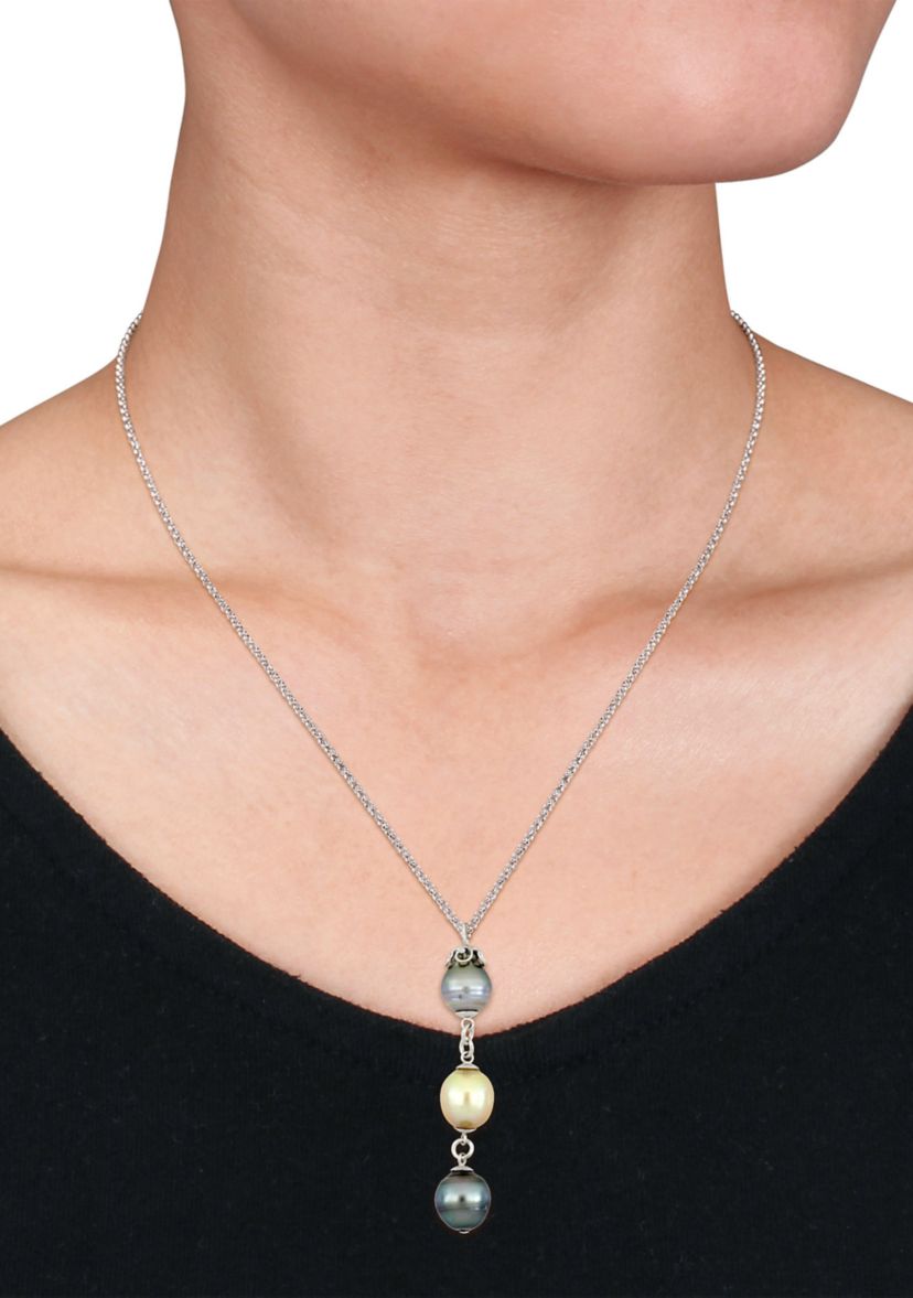 9-11 Millimeter Tahitian and Cultured South Sea Pearl Drop Necklace in Sterling Silver