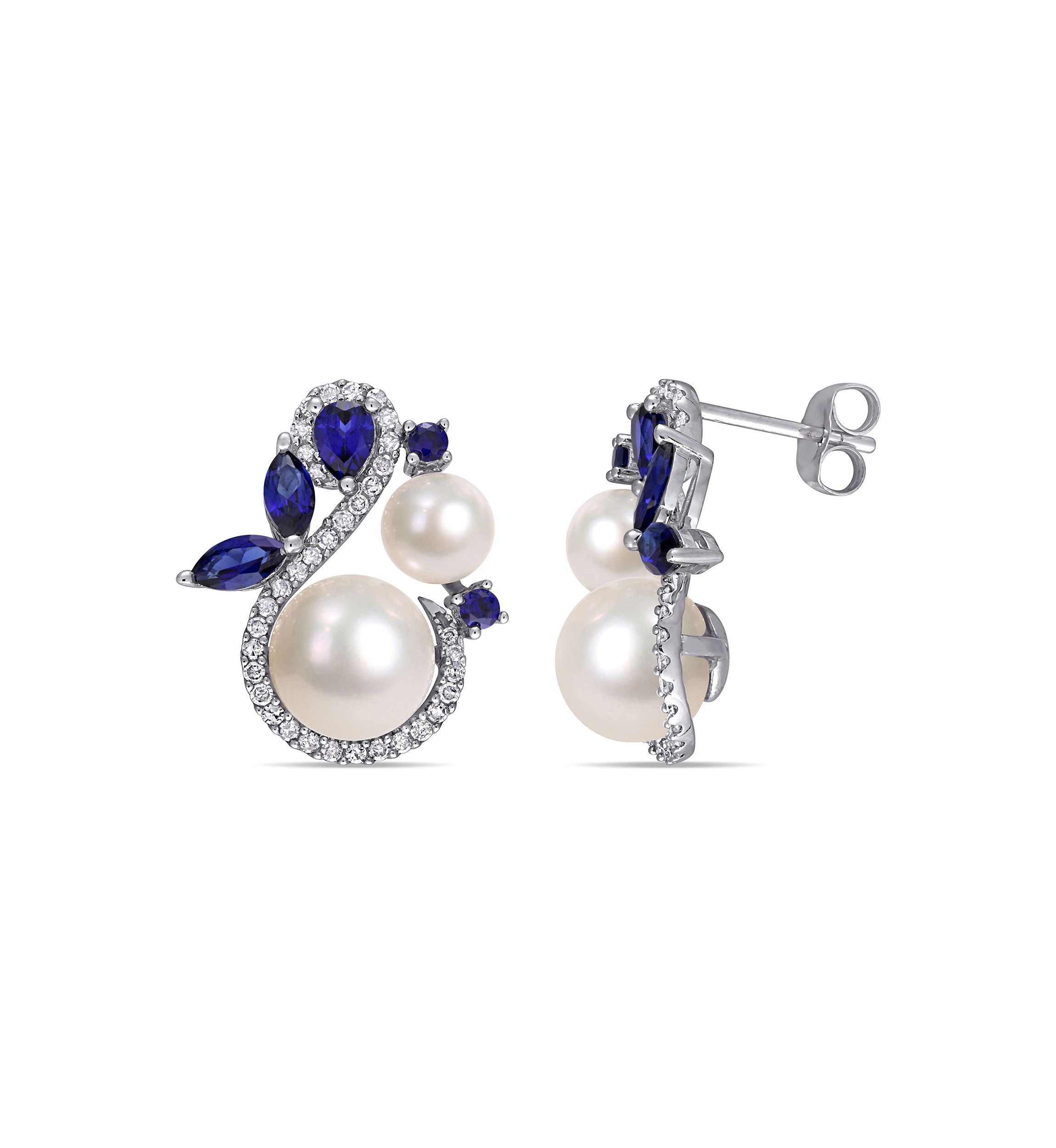 Cultured Freshwater Pearl, Created Sapphire and 1/3 ct. t.w. Diamond Swan Stud Earrings in 10k White Gold