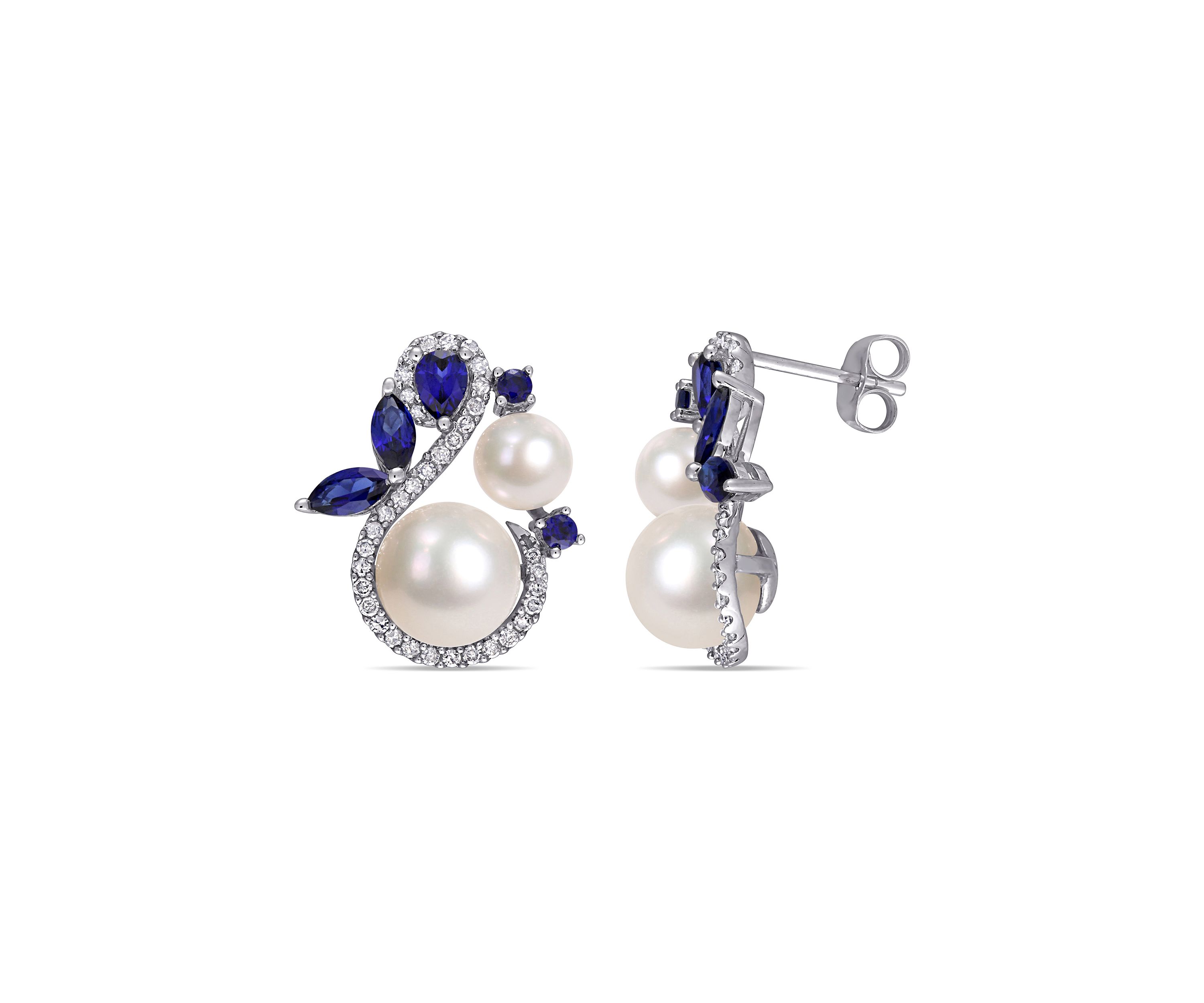 Cultured Freshwater Pearl, Created Sapphire and 1/3 ct. t.w. Diamond Swan Stud Earrings in 10k White Gold