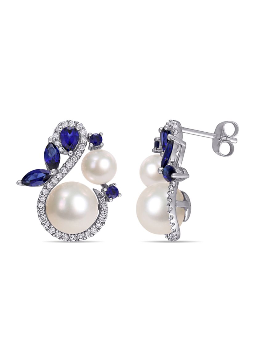 Cultured Freshwater Pearl, Created Sapphire and 1/3 ct. t.w. Diamond Swan Stud Earrings in 10k White Gold