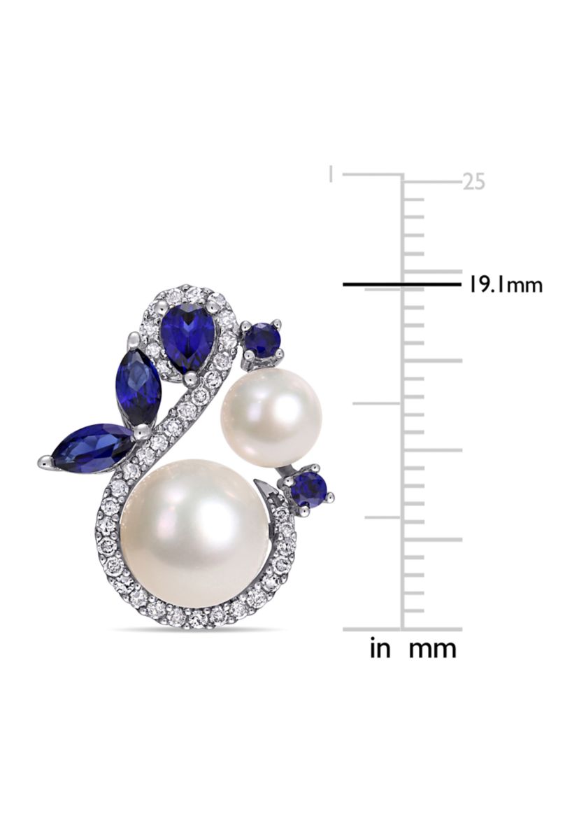 Cultured Freshwater Pearl, Created Sapphire and 1/3 ct. t.w. Diamond Swan Stud Earrings in 10k White Gold