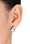 Cultured Freshwater Pearl, Created Sapphire and 1/3 ct. t.w. Diamond Swan Stud Earrings in 10k White Gold
