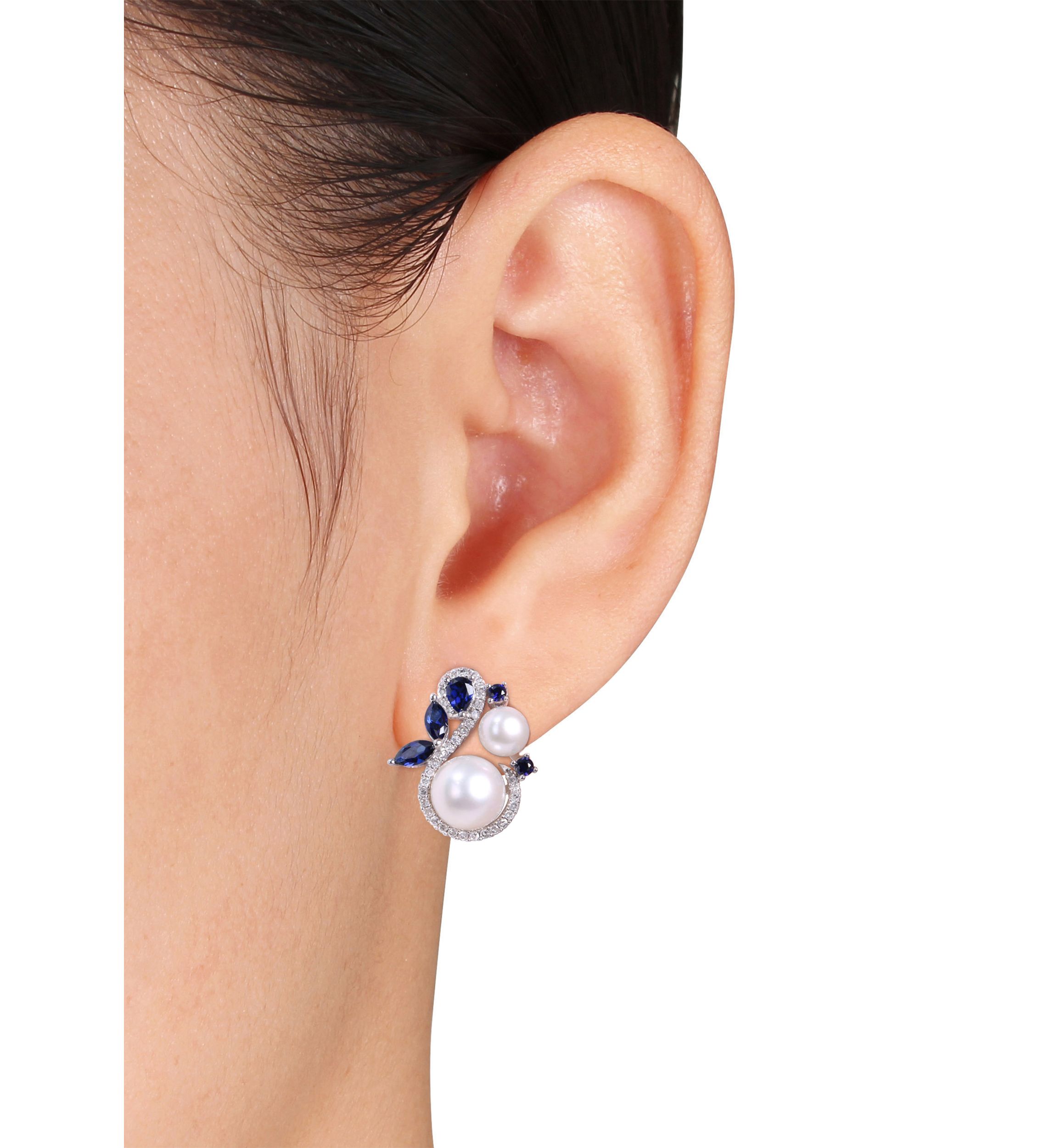 Cultured Freshwater Pearl, Created Sapphire and 1/3 ct. t.w. Diamond Swan Stud Earrings in 10k White Gold