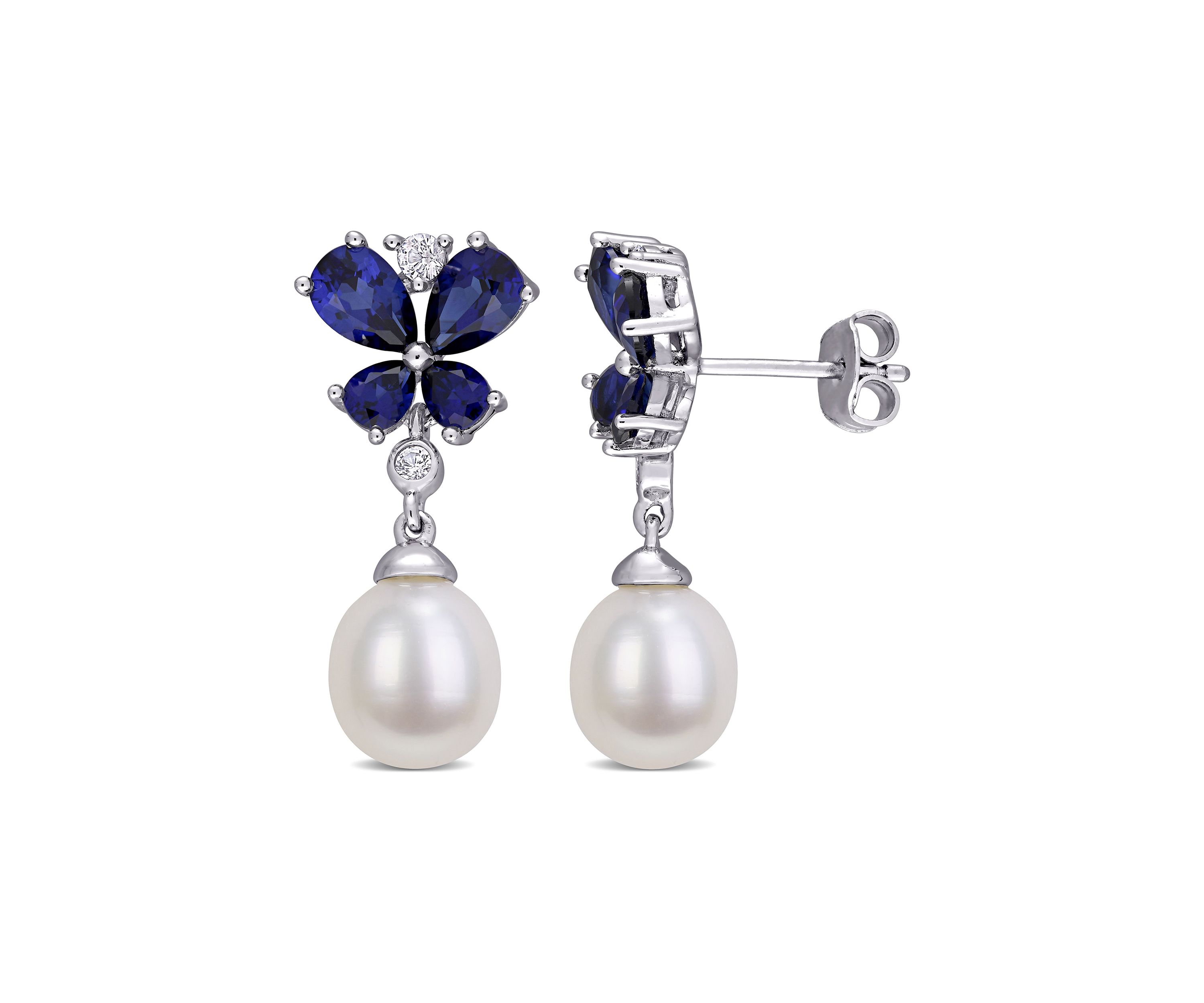 8-8.5 Millimeter Cultured Freshwater Pearl and Created Sapphire Butterfly Drop Earrings in Sterling Silver