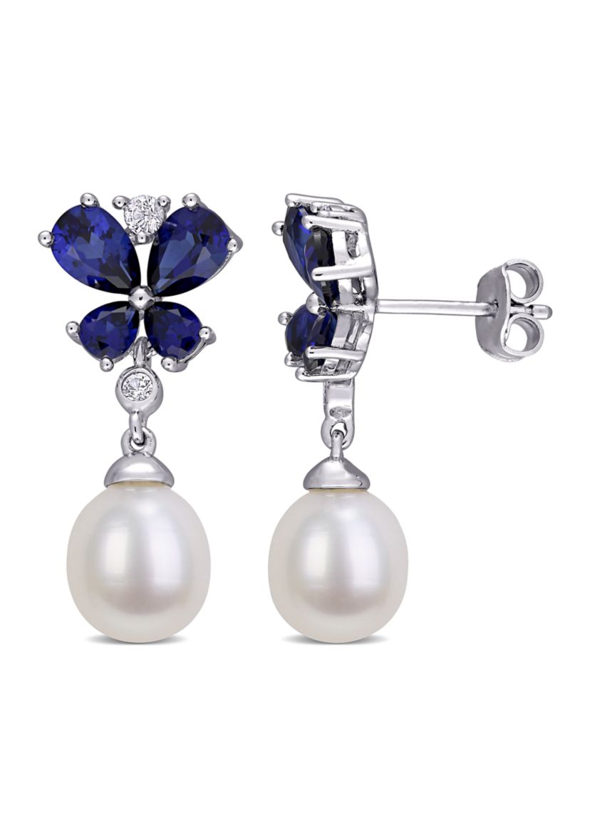 8-8.5 Millimeter Cultured Freshwater Pearl and Created Sapphire Butterfly Drop Earrings in Sterling Silver