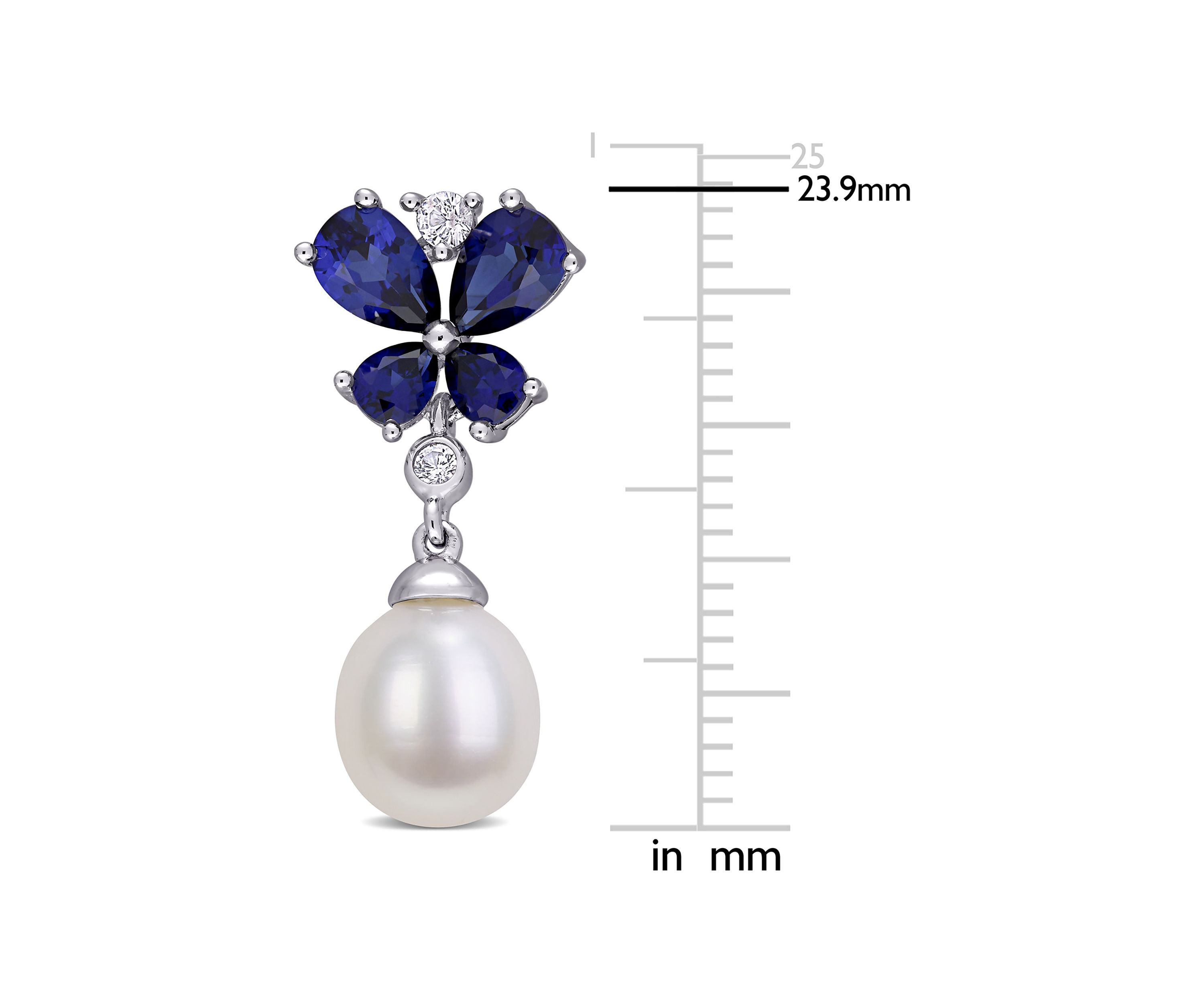 8-8.5 Millimeter Cultured Freshwater Pearl and Created Sapphire Butterfly Drop Earrings in Sterling Silver