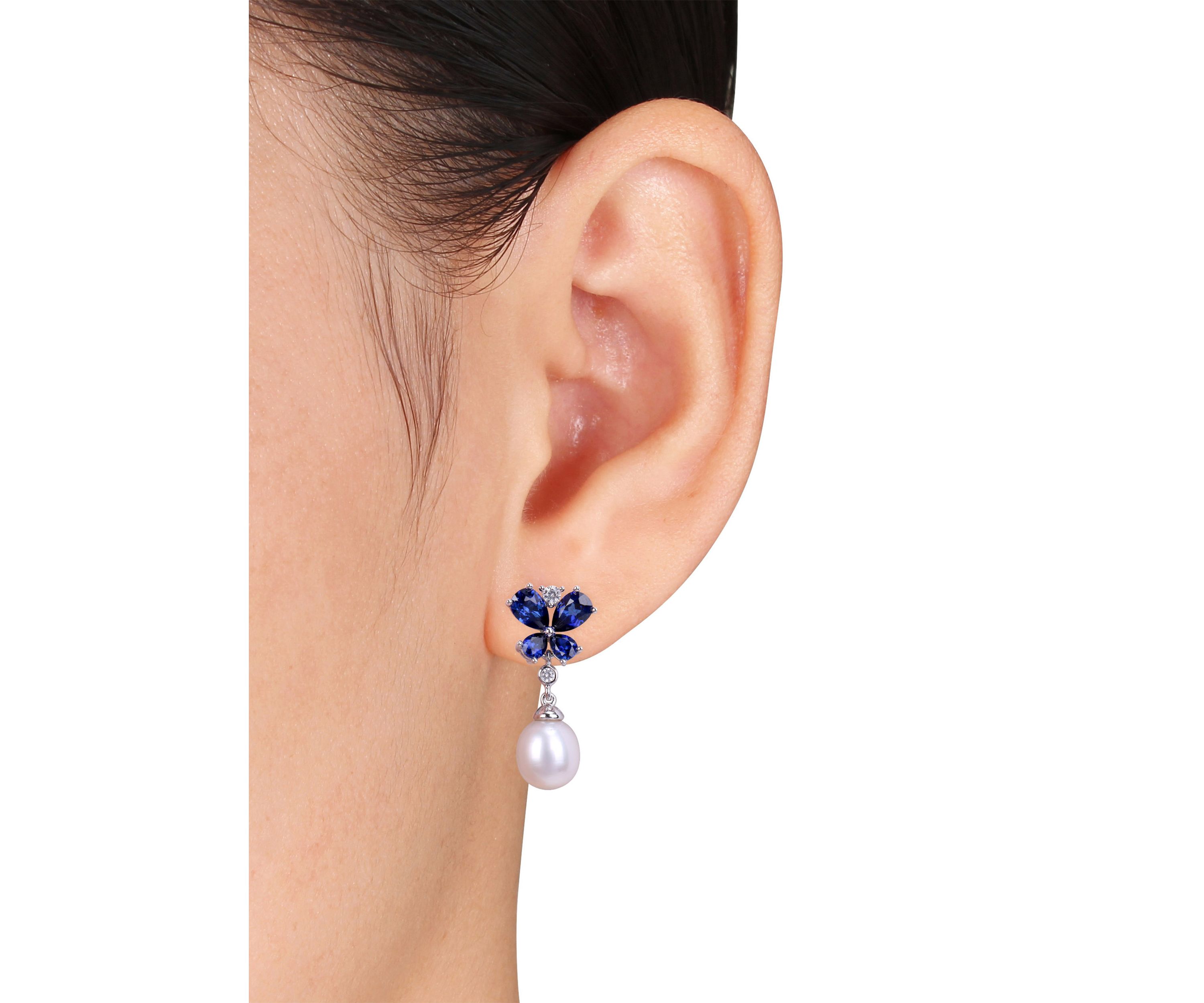 8-8.5 Millimeter Cultured Freshwater Pearl and Created Sapphire Butterfly Drop Earrings in Sterling Silver