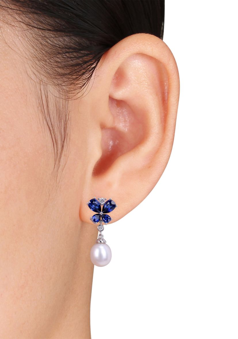 8-8.5 Millimeter Cultured Freshwater Pearl and Created Sapphire Butterfly Drop Earrings in Sterling Silver