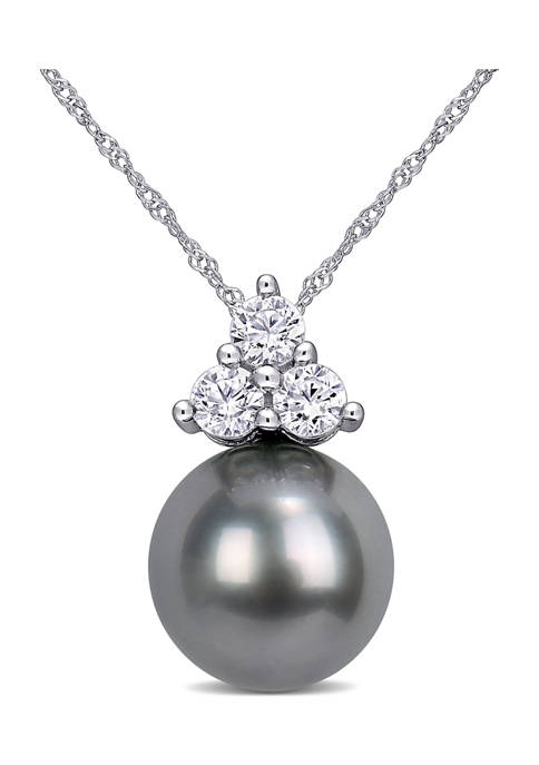 11-12 Millimeter Cultured Tahitian Pearl and 3/4 ct. t.w. Created White Sapphire Pendant with Chain in 10k White Gold