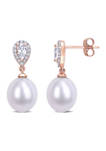 9-9.5 Millimeter Freshwater Cultured Pearl, White Topaz and 1/7 ct. t.w. Diamond Dangle Earrings in 10k Rose Gold