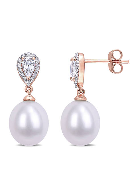 9-9.5 Millimeter Freshwater Cultured Pearl, White Topaz and 1/7 ct. t.w. Diamond Dangle Earrings in 10k Rose Gold