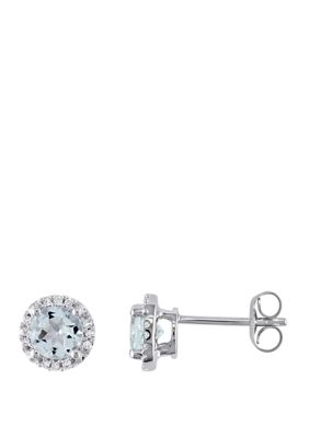 Belk & Co 4/5 Ct. T.w. Aquamarine And 1/10 Ct. T.w. Diamond Accent Halo Stud Earrings In 10K White Gold