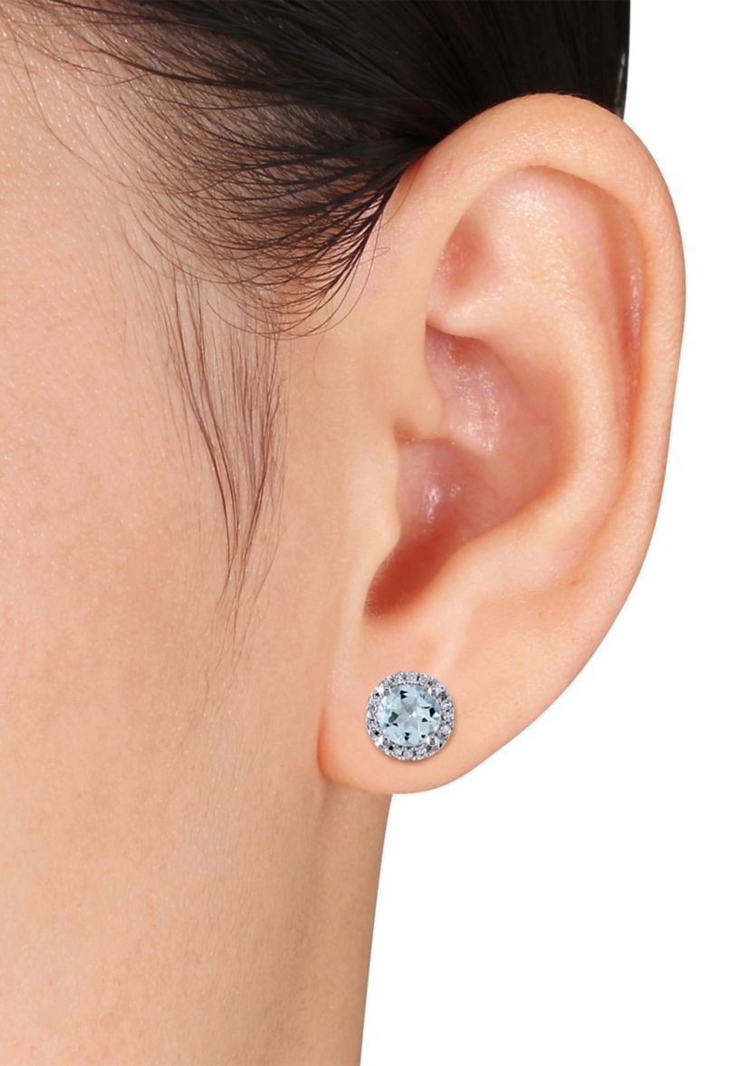 4/5 ct. t.w. Aquamarine and 1/10 ct. t.w. Diamond Accent Halo Stud Earrings in 10K White Gold