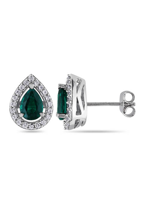 Lab Created Emerald and White Sapphire Teardrop Stud Earrings in Sterling Silver