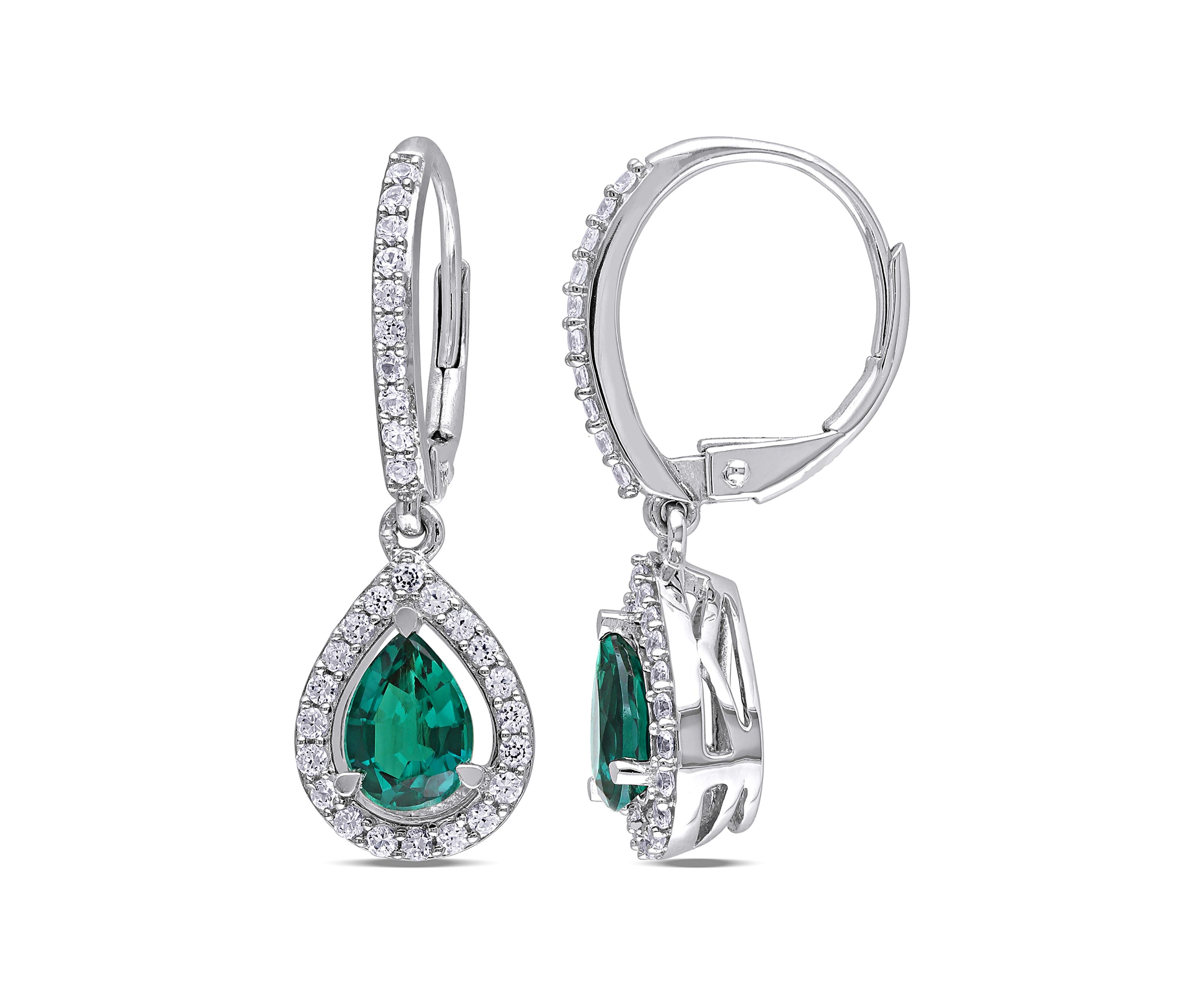 Lab Created Emerald and White Sapphire Teardrop Earrings in Sterling Silver