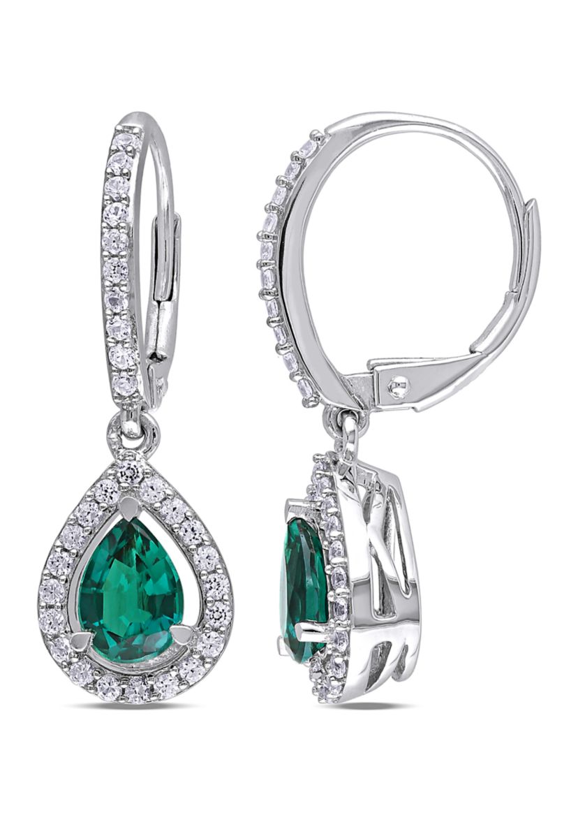 Lab Created Emerald and White Sapphire Teardrop Earrings in Sterling Silver