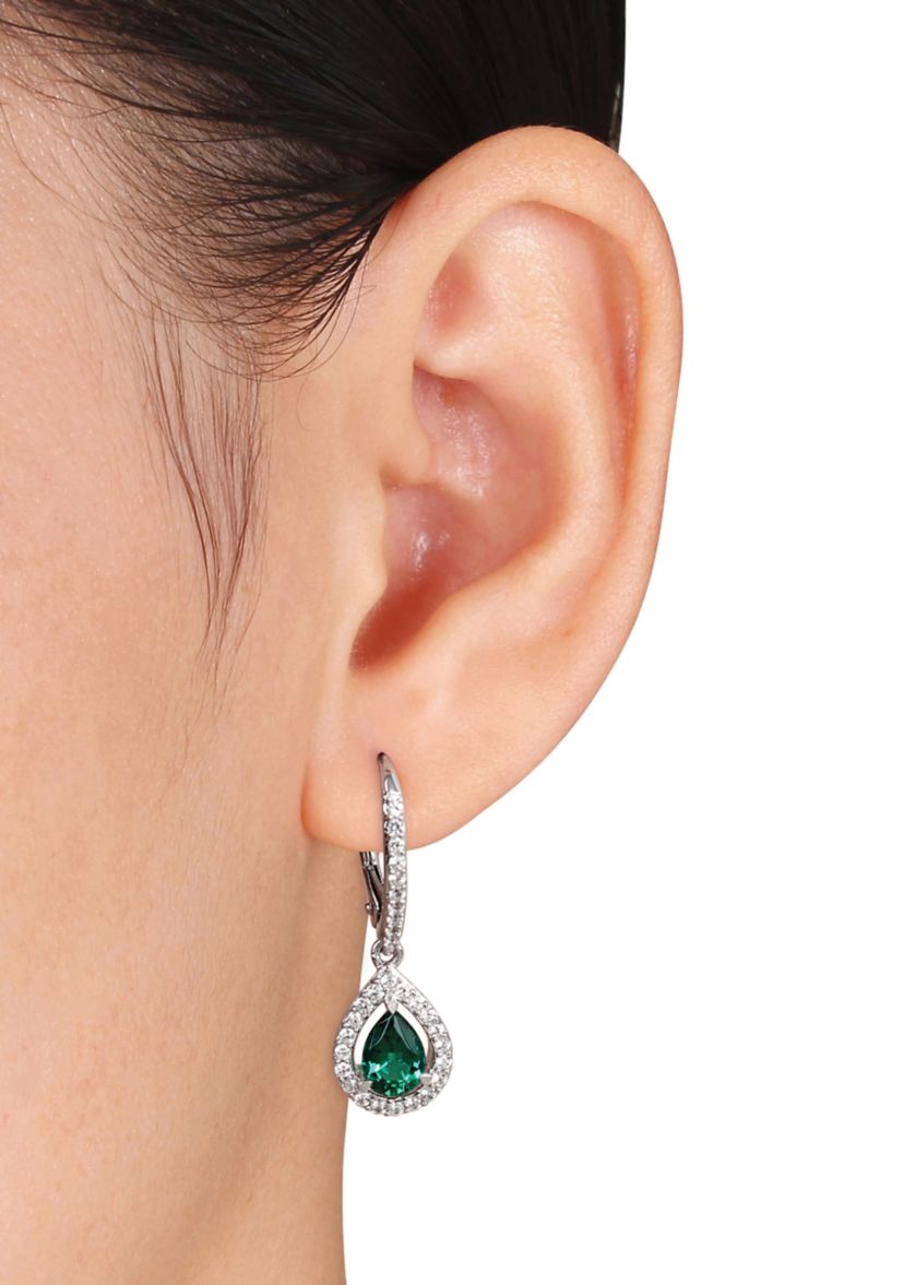 Lab Created Emerald and White Sapphire Teardrop Earrings in Sterling Silver