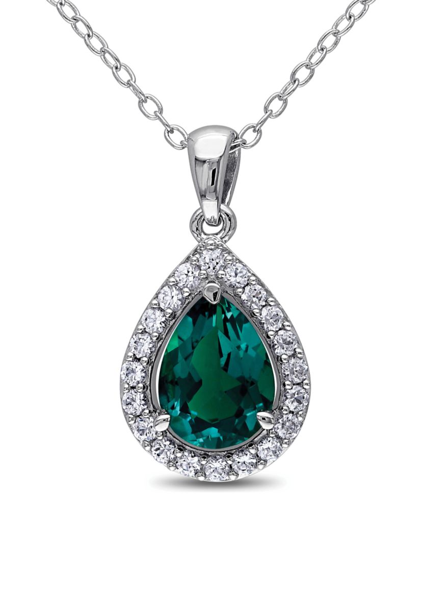 Created Emerald and Created White Sapphire Teardrop Halo Pendant with Chain in Sterling Silver