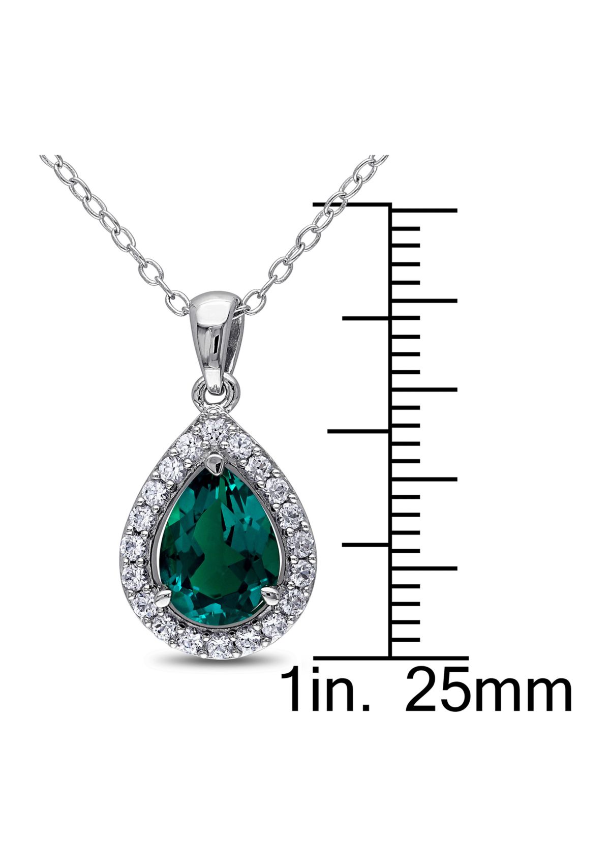Created Emerald and Created White Sapphire Teardrop Halo Pendant with Chain in Sterling Silver