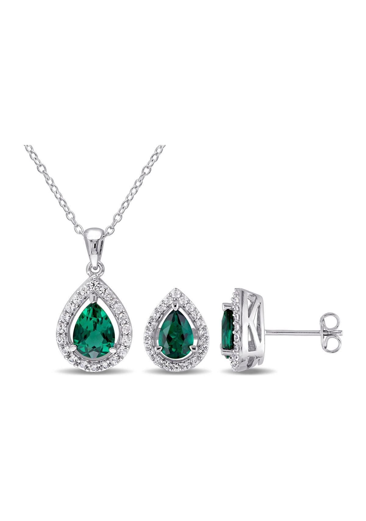 2-Piece Created Emerald and Created White Sapphire Teardrop Halo Necklace and Stud Earrings Set in Sterling Silver