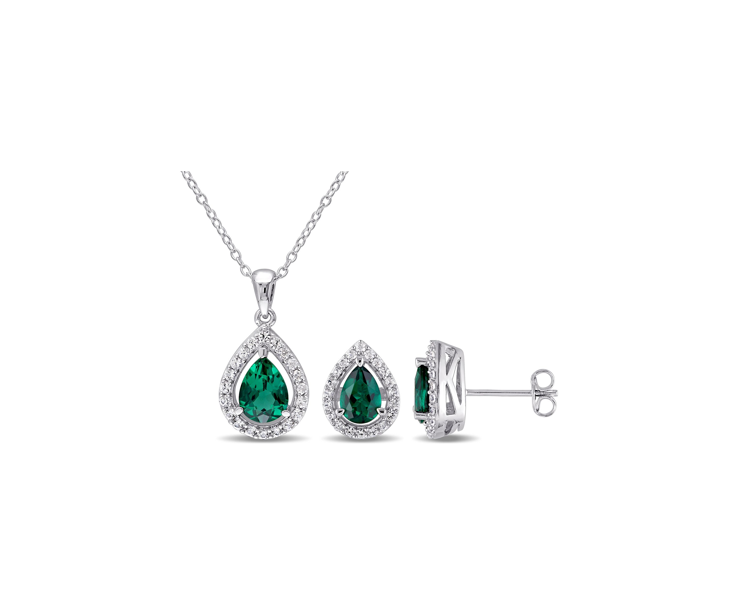 2-Piece Created Emerald and Created White Sapphire Teardrop Halo Necklace and Stud Earrings Set in Sterling Silver