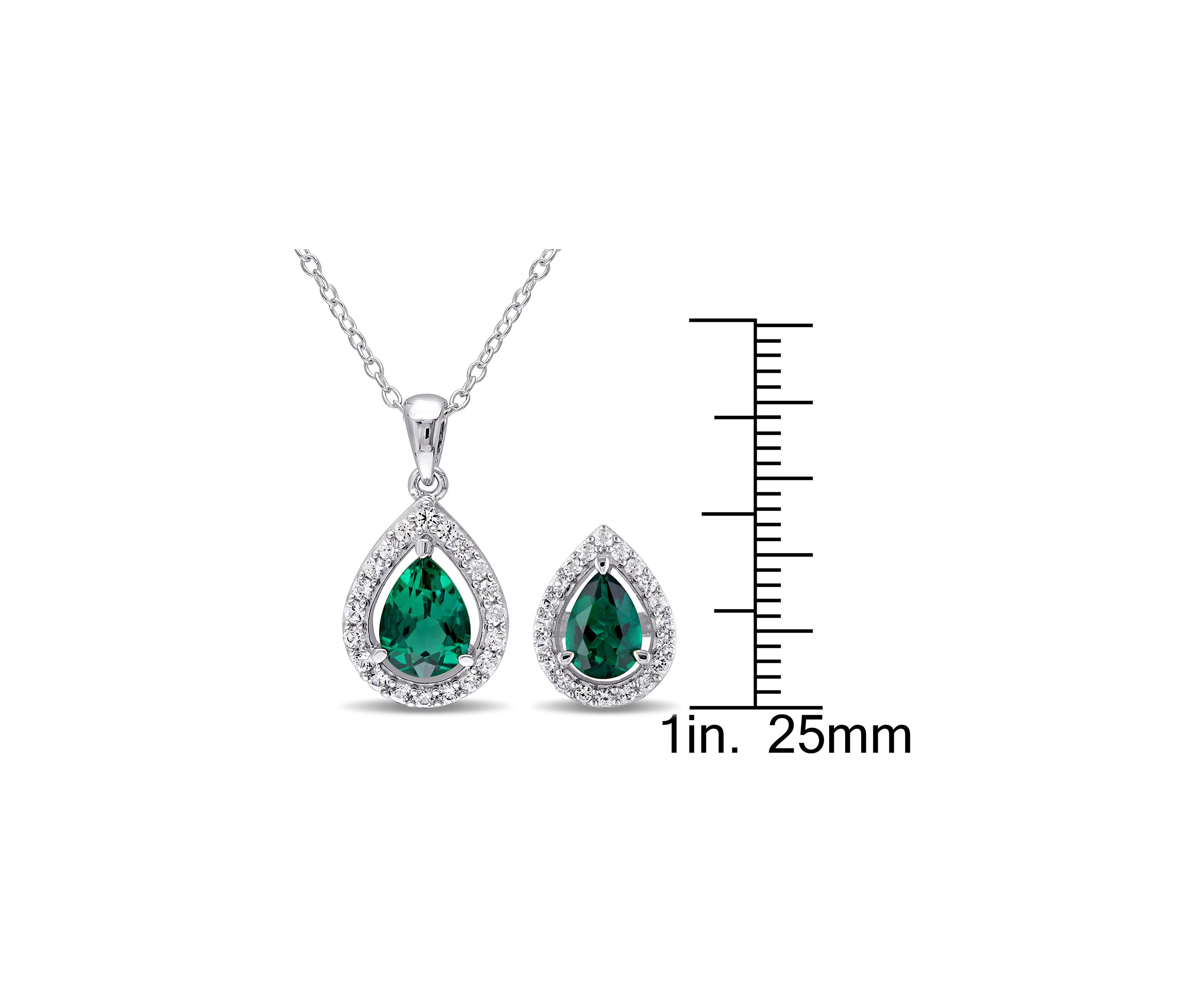 2-Piece Created Emerald and Created White Sapphire Teardrop Halo Necklace and Stud Earrings Set in Sterling Silver