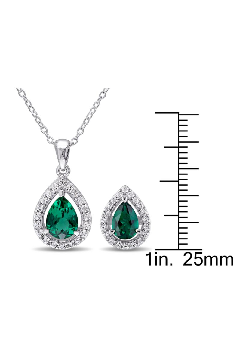 2-Piece Created Emerald and Created White Sapphire Teardrop Halo Necklace and Stud Earrings Set in Sterling Silver