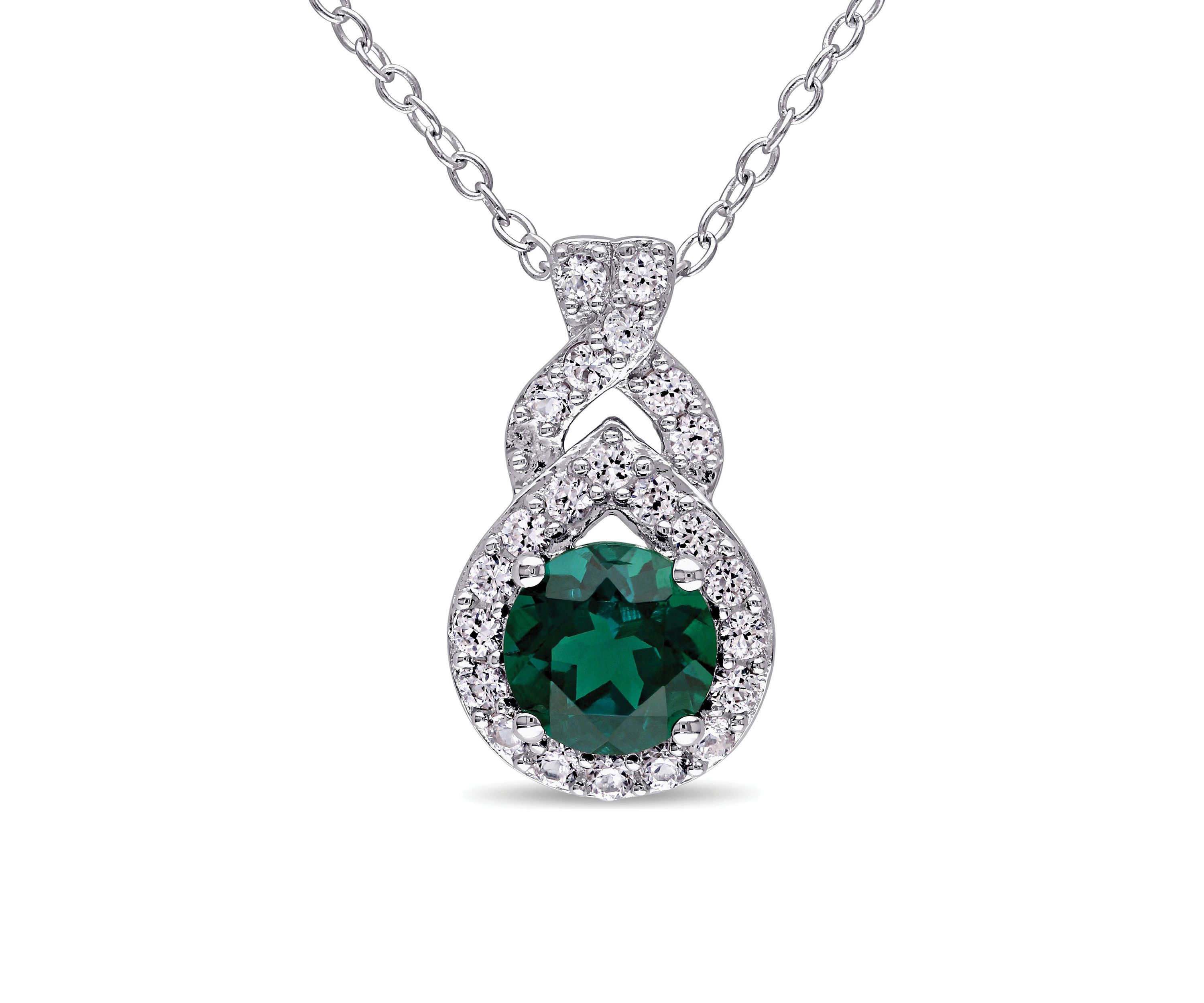 Created Emerald and Created White Sapphire Teardrop Halo Pendant with Chain in Sterling Silver