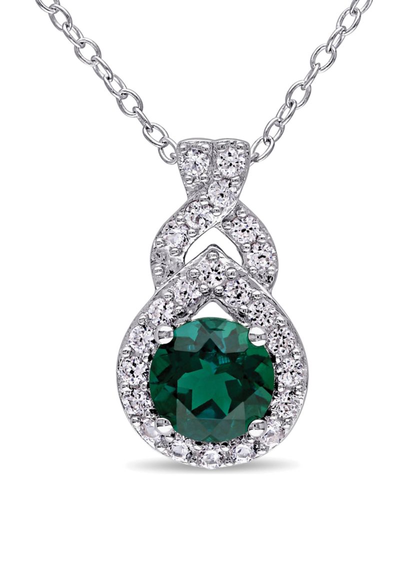 Created Emerald and Created White Sapphire Teardrop Halo Pendant with Chain in Sterling Silver