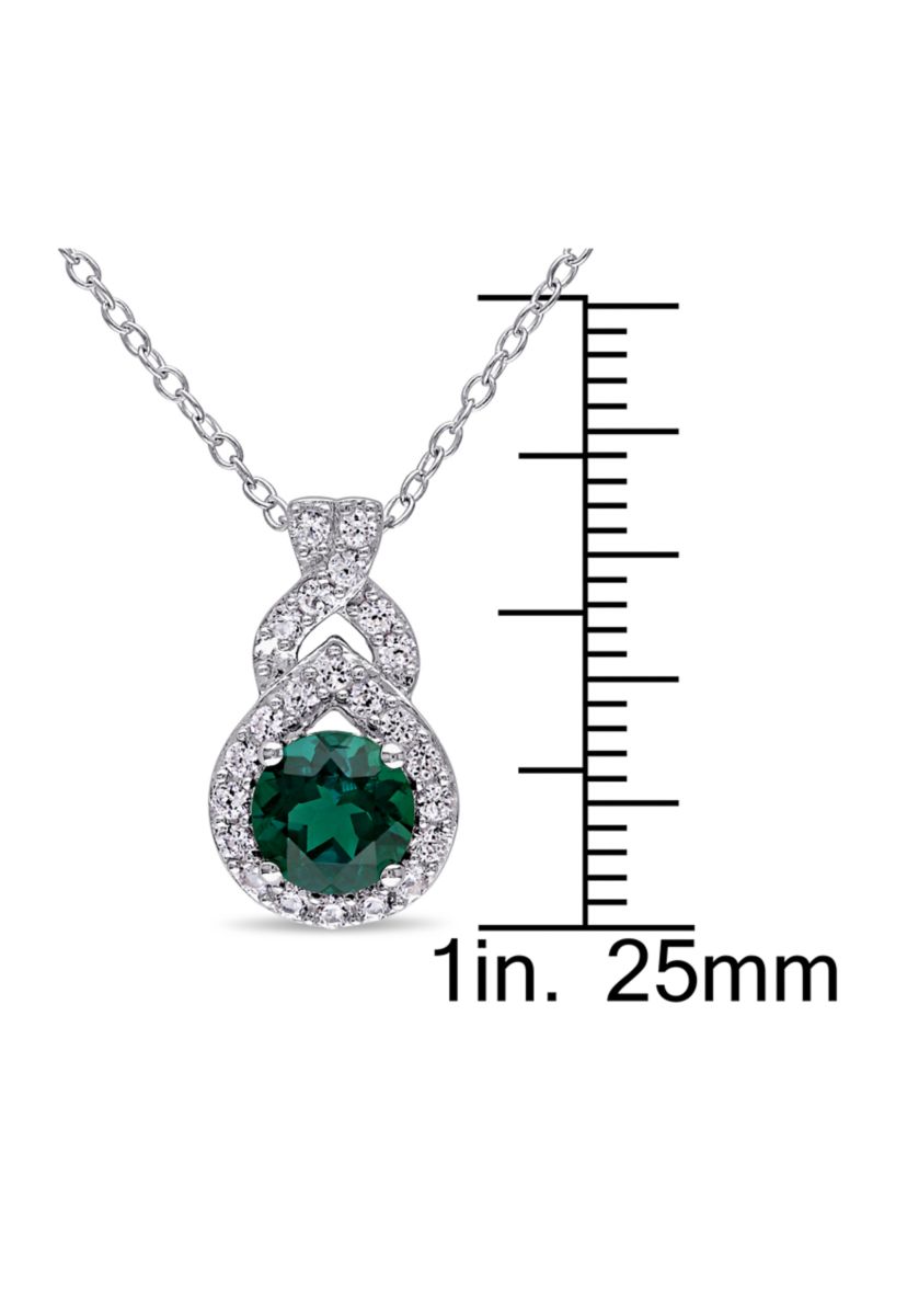 Created Emerald and Created White Sapphire Teardrop Halo Pendant with Chain in Sterling Silver